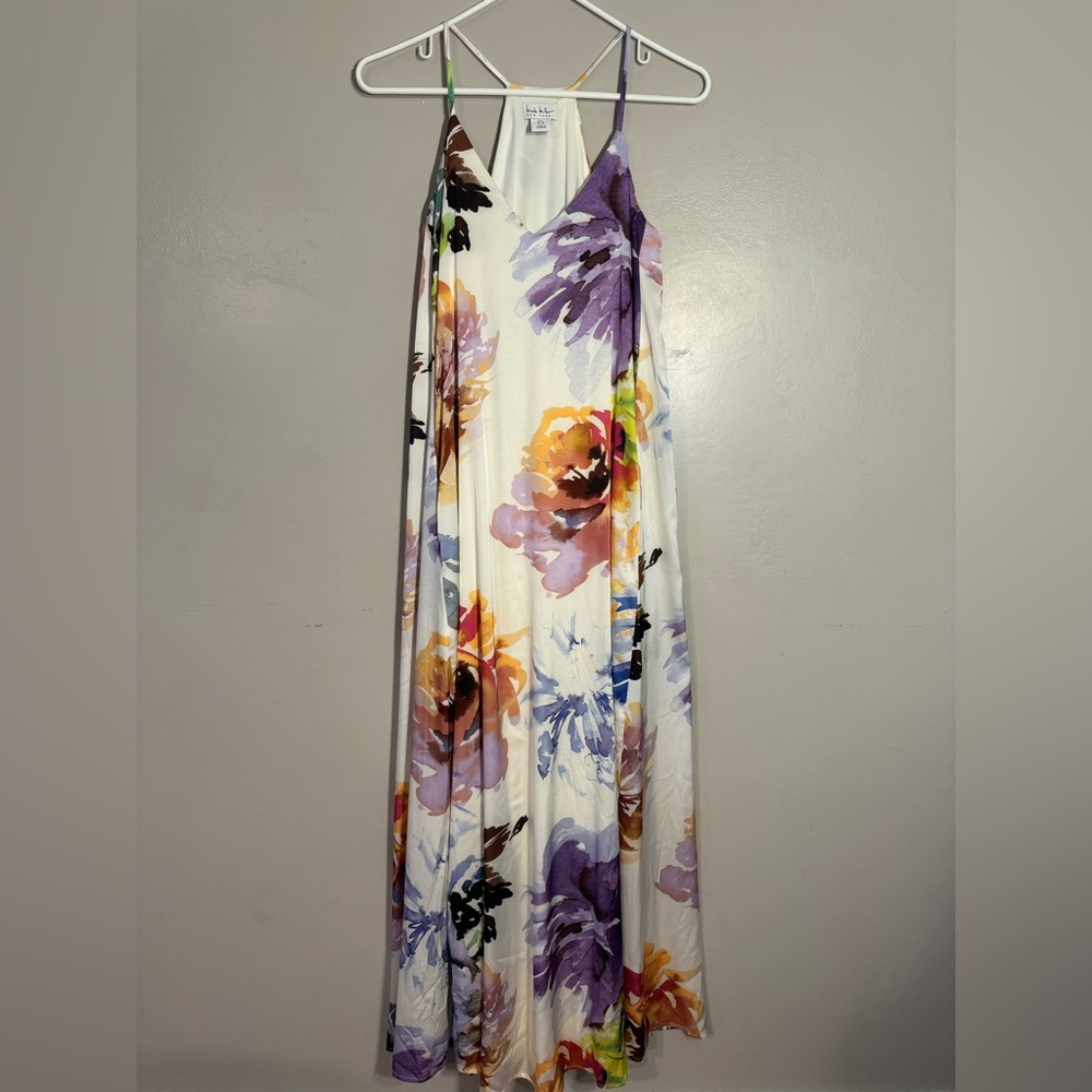 Nicole Miller satin maxi slip dress watercolor floral cottage romantic  size 6